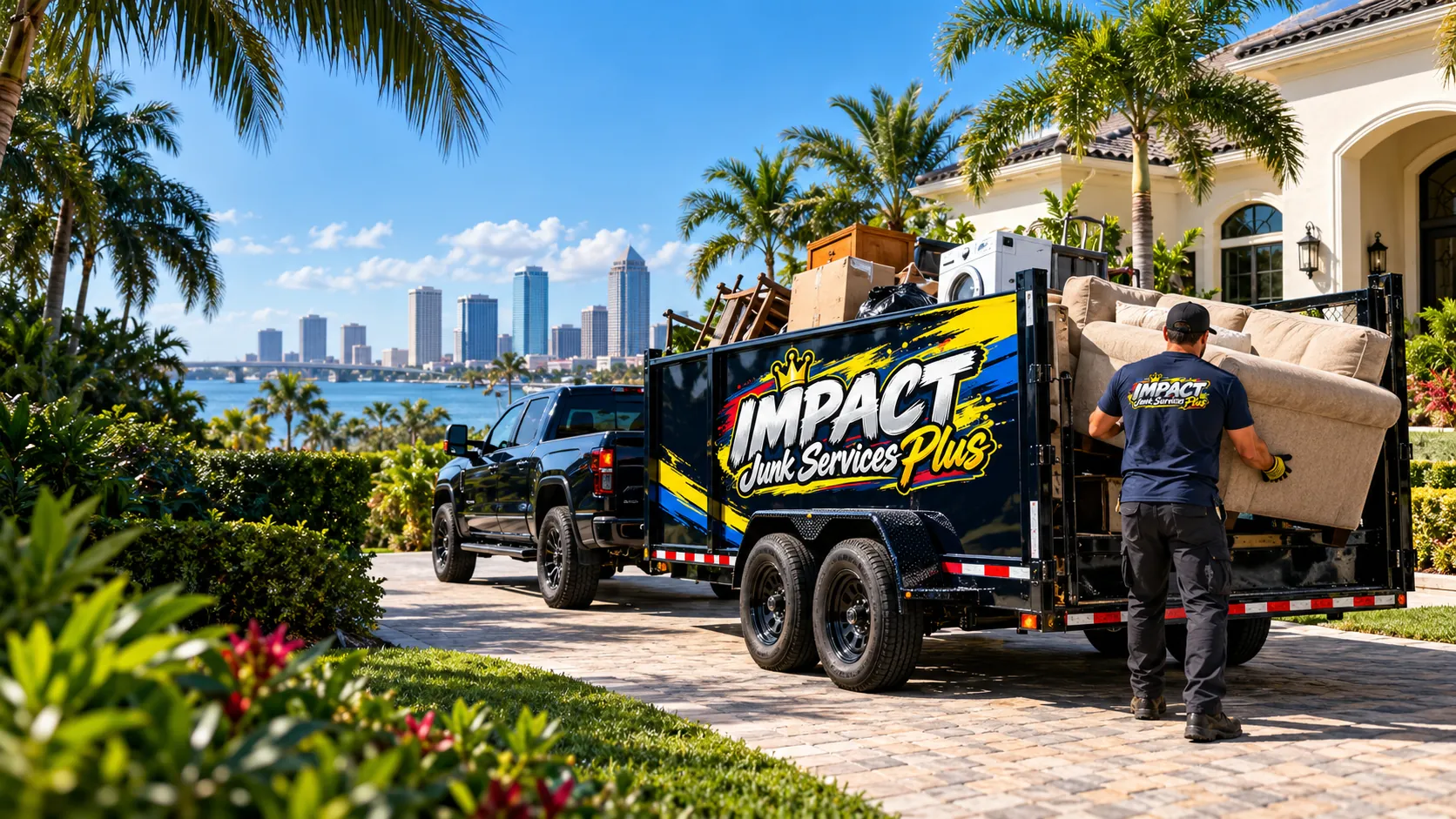 Impact Junk Services Plus trailer and crew hauling furniture from a Tampa home
